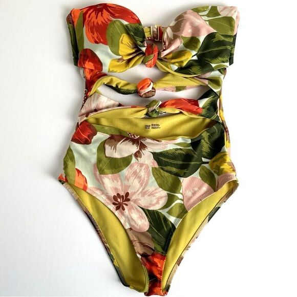 Aerie Swimsuit size medium Floral Cut Out Triple Knot Strapless One Piece Cheeky - Picture 2 of 5